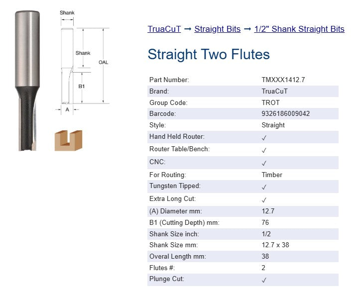 Router Bit - 12.7mm x 76.0mm Straight Bit - Two Flutes - (1/2") 12.7 x 38mm Shank X/L Cut