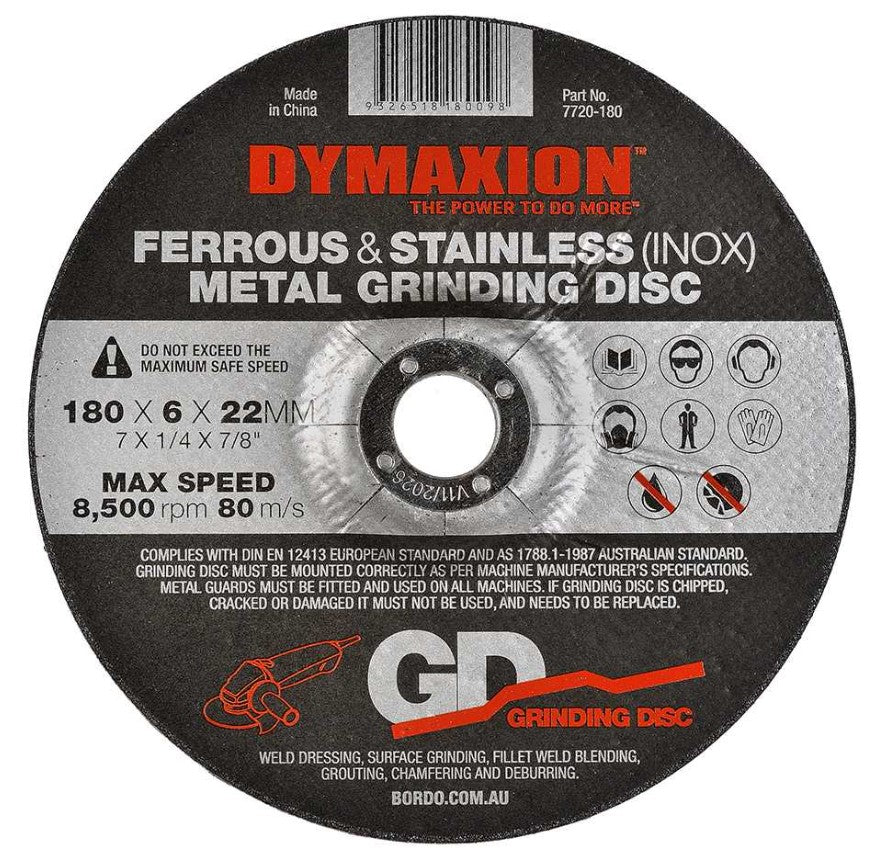Dymaxion Grinding Disc Metal 180mm x 6mm x 22mm Bore Ferrous & Stainless Steel