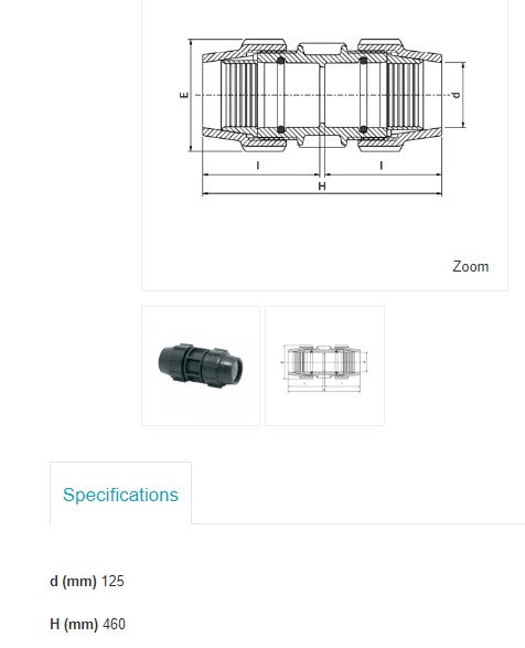 125mm Plasson Metric Coupler Joiner Poly Pipe Irrigation Fitting