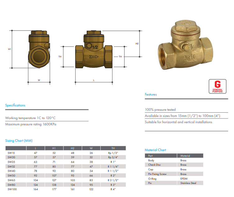 1 1/2" BSP (40mm) Swing Check Valve Brass Stop Valve Non Return General Purpose