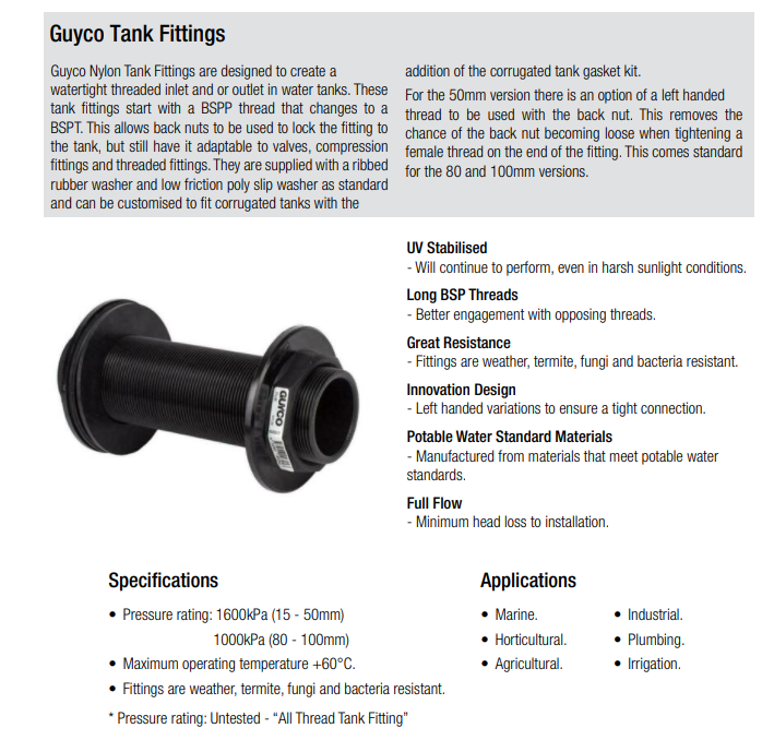 Tank Fitting All Thread Shaft 1 1/2" BSP x 200mm Poly