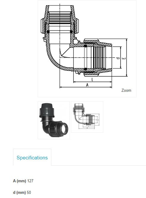 50mm x 50mm Plasson Metric Elbow Poly Pipe Irrigation Fitting