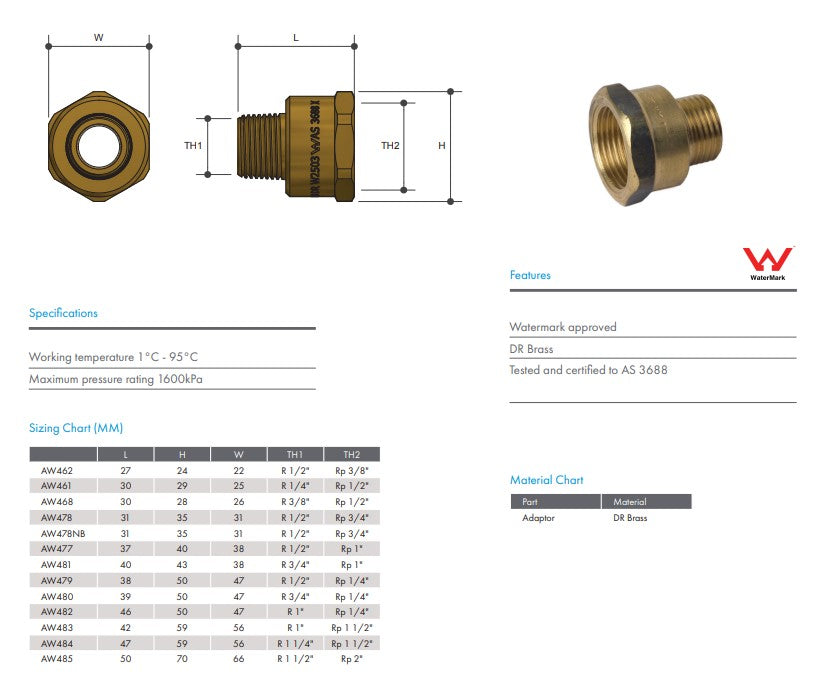 Brass Adaptor 1" x 3/4" Female BSP x Male BSP Watermark Approved - Lead Free