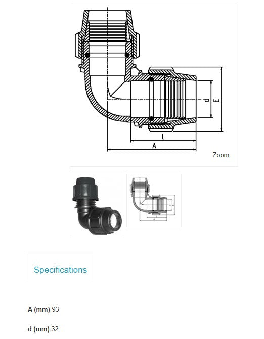 32mm x 32mm Plasson Metric Elbow Poly Pipe Irrigation Fitting