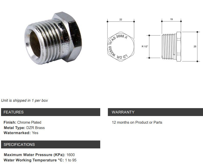 Brass Chrome Plated Hex Plug 1/2" BSP Thread
