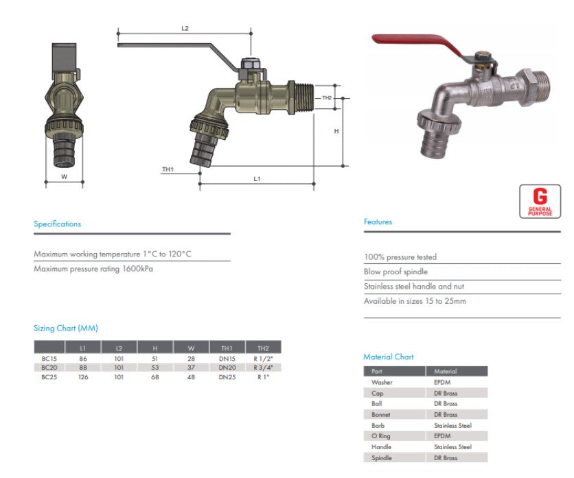 1" Tank Tap Bib Cock General Purpose Lever Action Nickel Plated