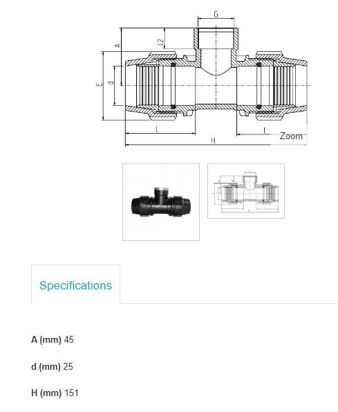 25mm x 1/2" x 25mm Plasson Metric Tee with Threaded Female Offtake