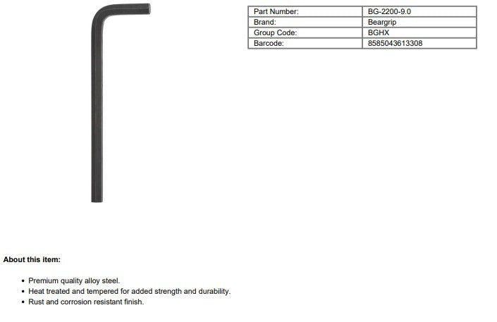 BEARGRIP Hex Key Standard Metric Black Finish 9.0mm