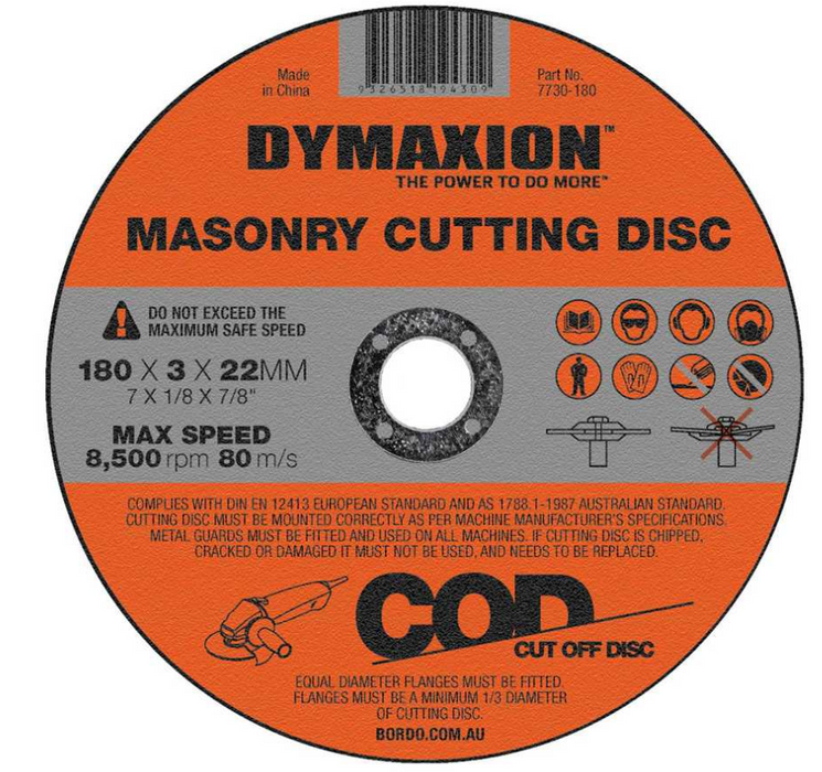 Dymaxion Cutting Disc Masonry 180mm x 3mm x 22mm Bore - Pack of 5