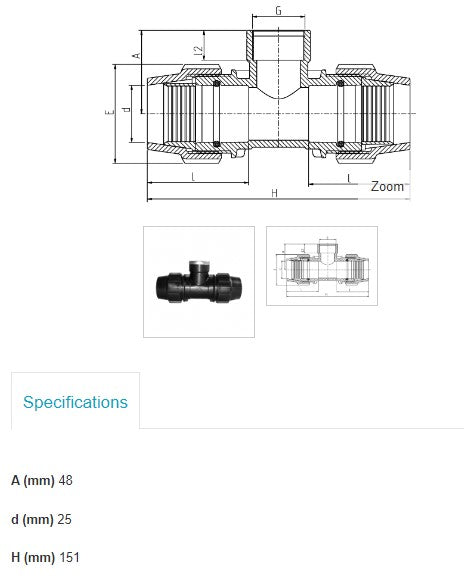 25mm x 3/4" x 25mm Plasson Metric Tee with Threaded Female Offtake