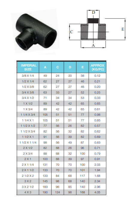 3" x 2 1/2" BSP Black Steel Reducing Tee 75 x 65mm