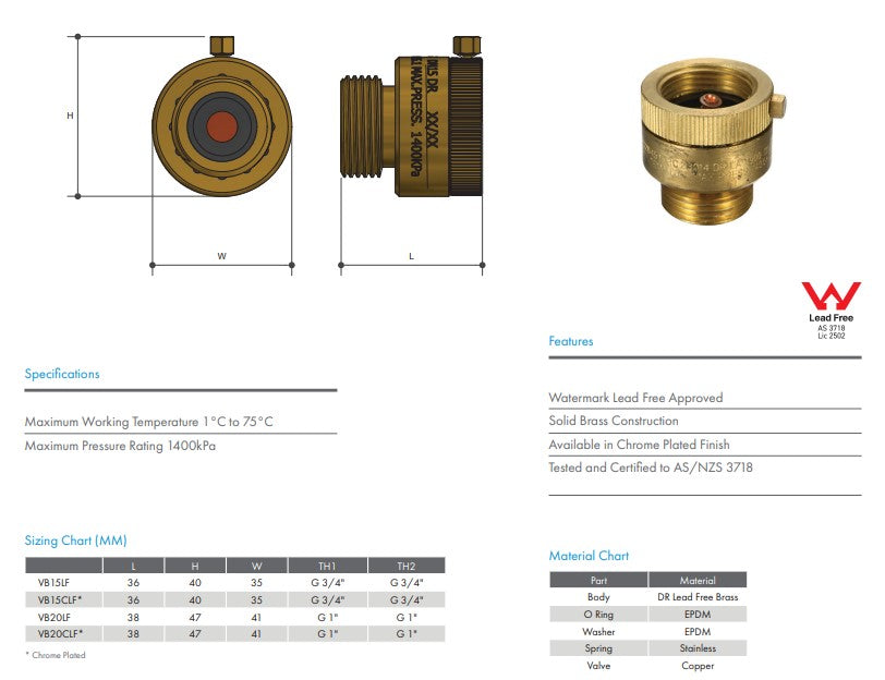 3/4" FI x 3/4" MI (Suits DN15) Hose Tap Vacuum Breaker Watermarked Chrome Plated Finish