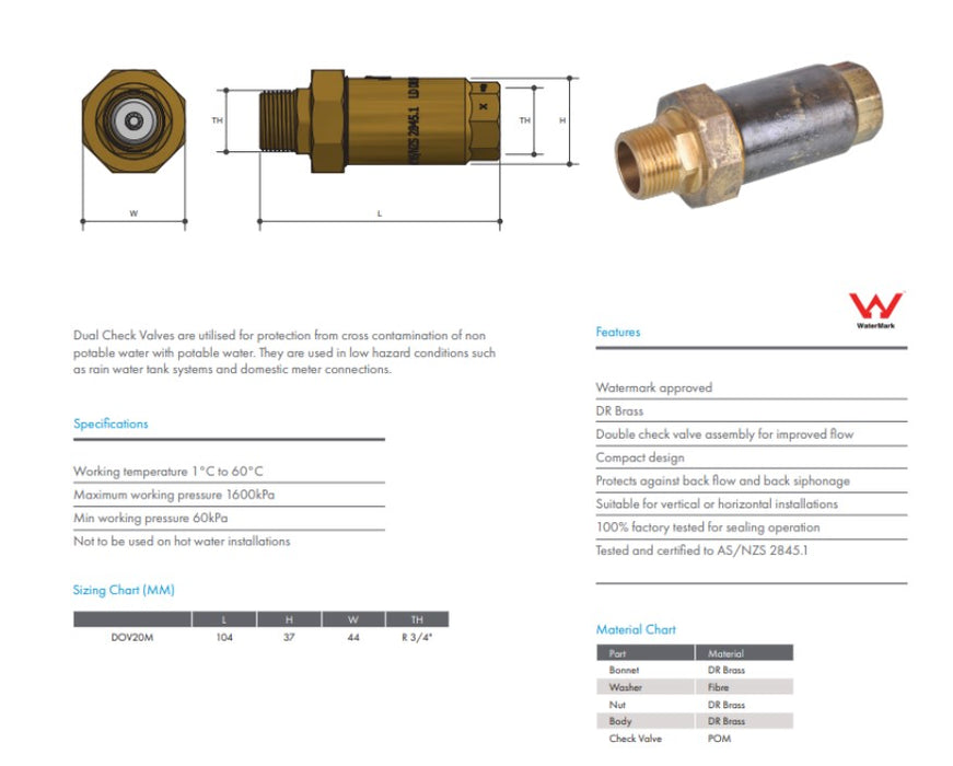 Dual Check Valve 3/4" BSP Male x Female Watermarked Lead Free