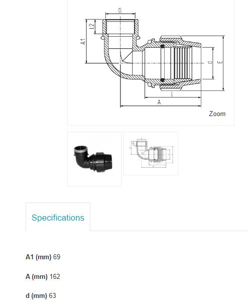 63mm x 1 1/2" BSP FEMALE METRIC 90o ELBOW PLASSON POLY PIPE FARM IRRIGATION