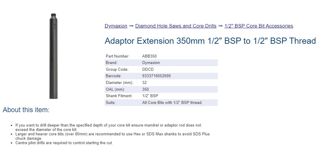 Core Drill Accessories - Adaptor Extension 350mm 1/2" BSP to 1/2" BSP Thread