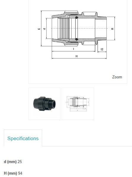 Plasson Metric Male Adaptor 25mm Metric x 1/2" BSP Male Thread