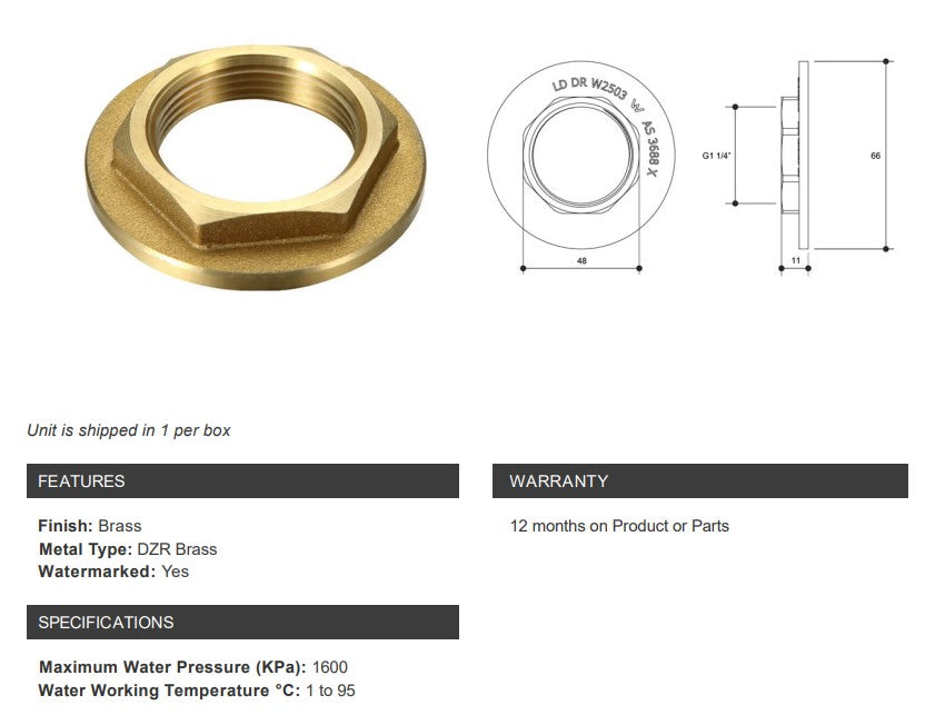 1 1/4" BSP x 77mm Wide Brass Female Flanged Wide Backnut
