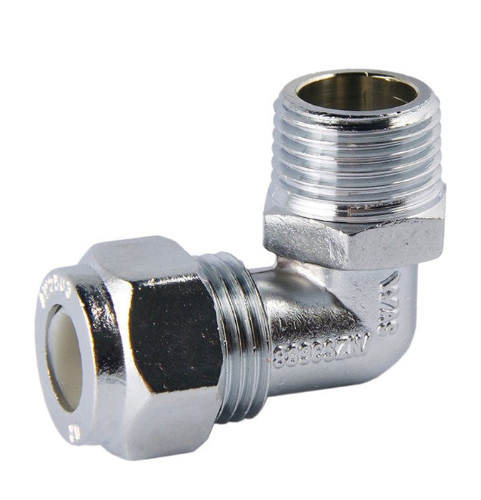 NYLON COMPRESSION BRASS CHROME PLATED REDUCING ELBOW  - MALE x COMP - 3/4" M x 1/2" C