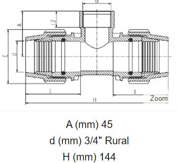 3/4" Rural x 3/4" Rural x 3/4" BSP Plasson Rural Tee with Female Threaded Offtake