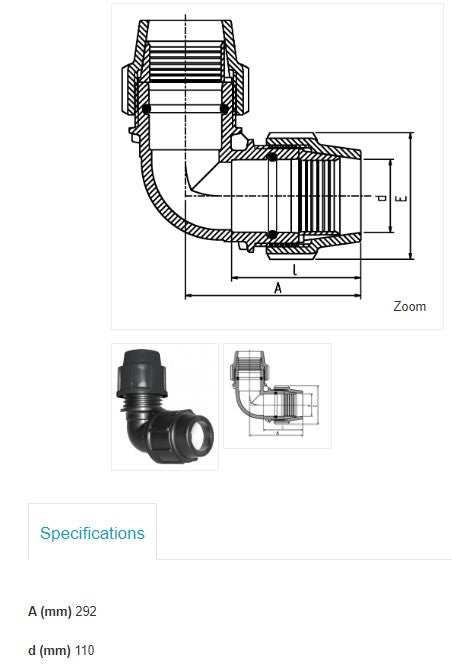 110mm x 110mm Plasson Metric Elbow Poly Pipe Irrigation Fitting