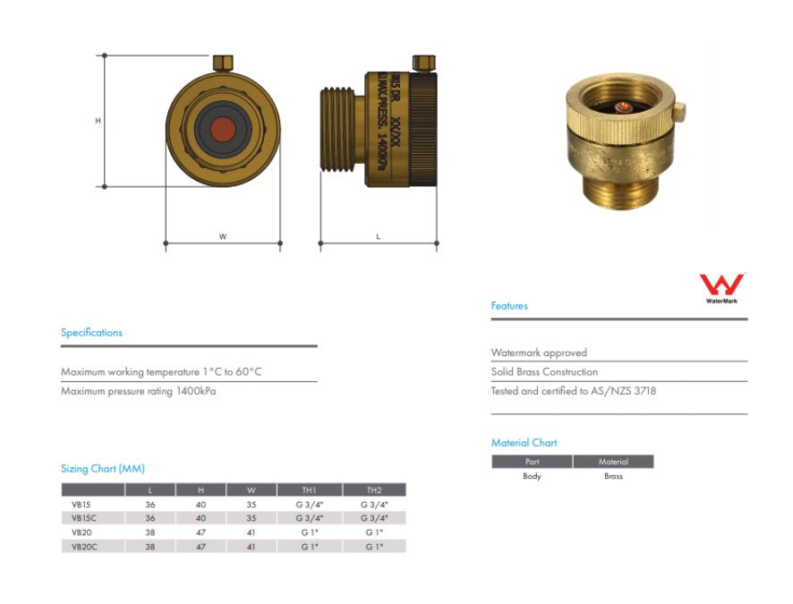 3/4" FI x 3/4" MI (Suits DN20) Hose Tap Vacuum Breaker Watermarked Brass Plated Finish - Lead Free