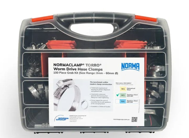 100 PCE W3 STAINLESS STEEL NORMA TORRO HOSE CLAMP GRAB KIT GERMAN MADE