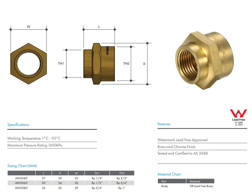 Brass Hexagon Socket Reducing 1" x 3/4" BSP - Lead Free