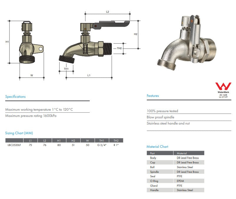 1" x 3/4" Tank Tap Bib Cock Watermarked Side Locking Nickel Plated - Lead Free