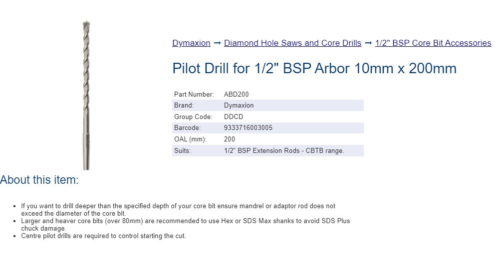 Core Drill Accessories - Centre pilot drill for 1/2" BSP Arbor Extension Rods. 10mm x 200mm long with A taper Use these with CBTB Range