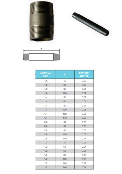 1/4" BSP x 100mm LONG BLACK STEEL BARREL NIPPLE MALE MALE JOINER PIPE RISER