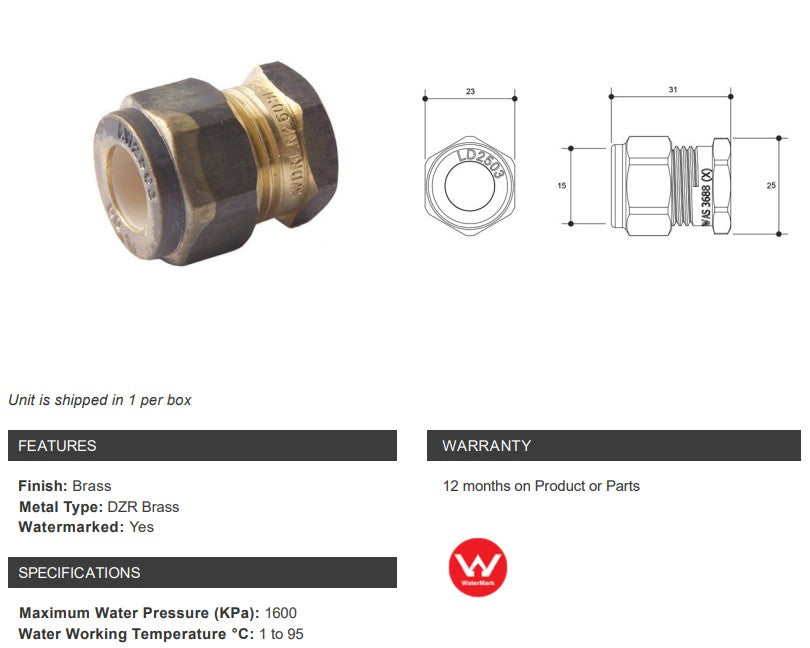 NYLON COMPRESSION BRASS STOP END 15mm (1/2")