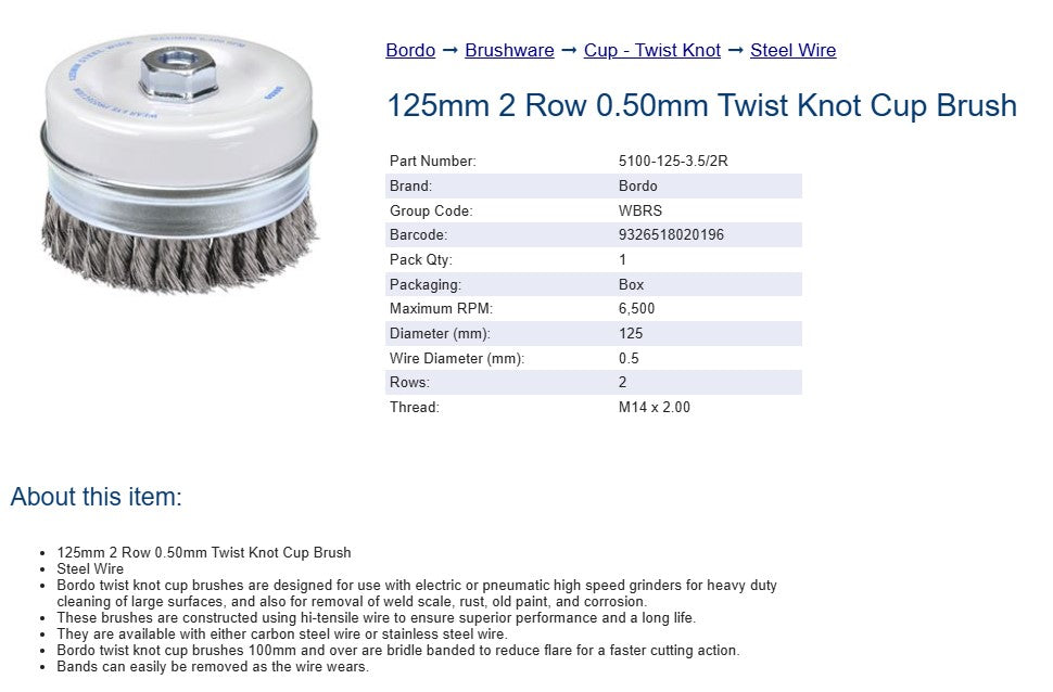 125mm 2 Row 0.50mm Twist Knot Cup Brush - Steel Wire