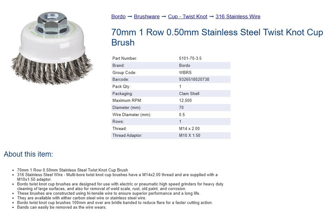 Bordo 70mm 1 Row 0.50 Stainless Steel Twist Knot Cup Brush