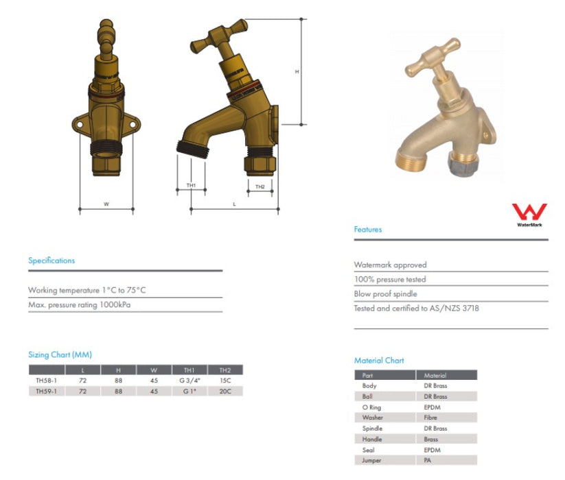 1/2" BSP (15mm) Hose Tap Back Plated Nylon Compression MI Watermarked Rough Brass Finish