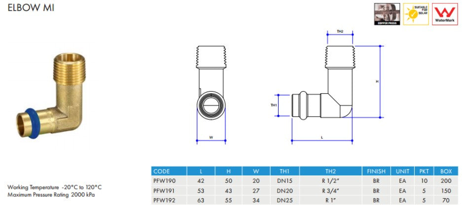 BRASS WATER FITTINGS ELBOW MALE DN15 x 1/2" BSP MALE