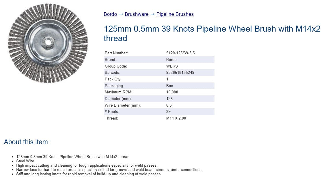 Bordo 125mm 0.50mm 39 Knots Pipeline Wheel Brush with M14x2 Thread - Steel Wire