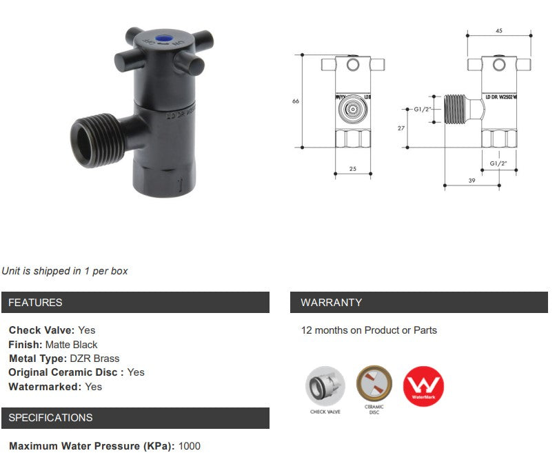 Cistern Isolation Stop Capstan Mini Matte Black 1/4 Turn with Ceramic Disc 15mm