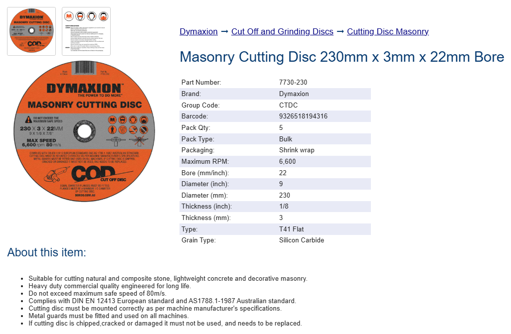 Dymaxion Cutting Disc Masonry 230mm x 3mm x 22mm Bore - Pack of 5