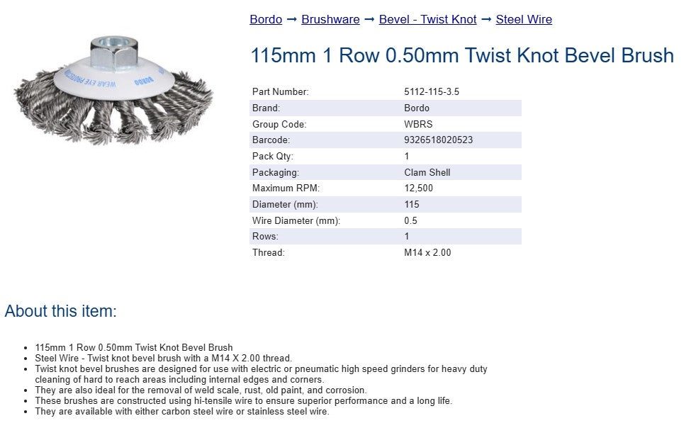 Bordo 115mm 1 Row 0.50mm Twist Knot Bevel Brush Steel Wire