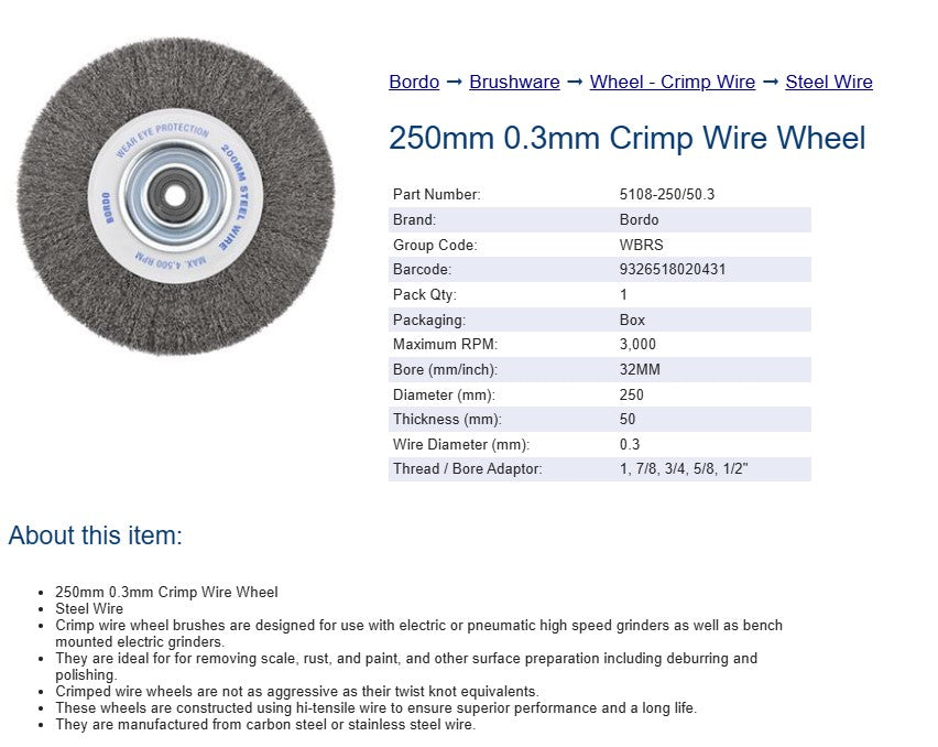 Bordo Crimp Steel Wire Wheel 250mm 0.3mm x 50mm Thickness