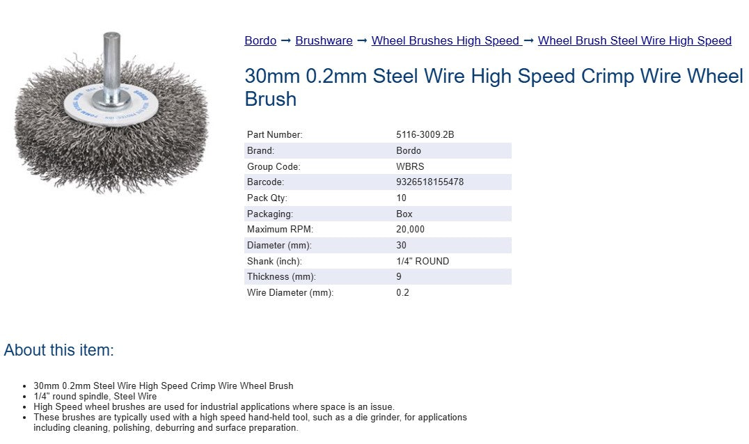 Bordo Steel Wire High Speed Crimp Wire Wheel Brush  30mm 0.2mm x 9mm Thickness 1/4" Round Shank