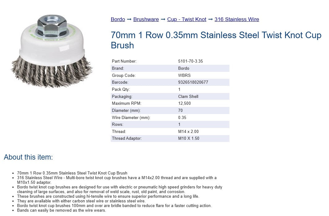 Bordo 70mm 1 Row 0.35 Stainless Steel Twist Knot Cup Brush