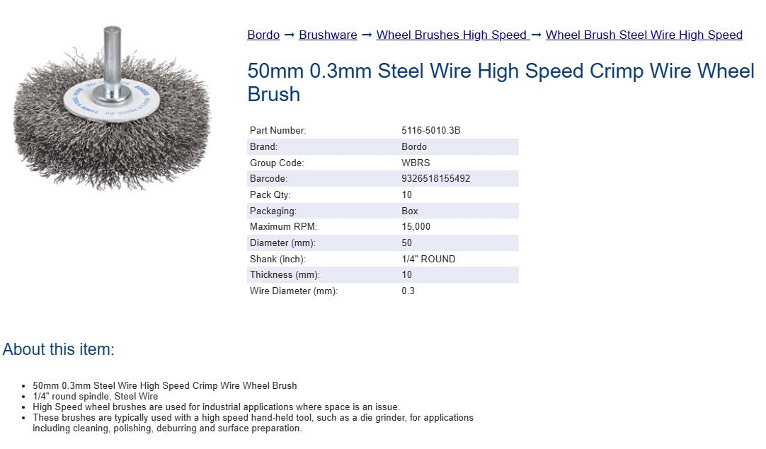 Bordo Steel Wire High Speed Crimp Wire Wheel Brush  50mm 0.3mm x 10mm Thickness 1/4" Round Shank - 10 Pack