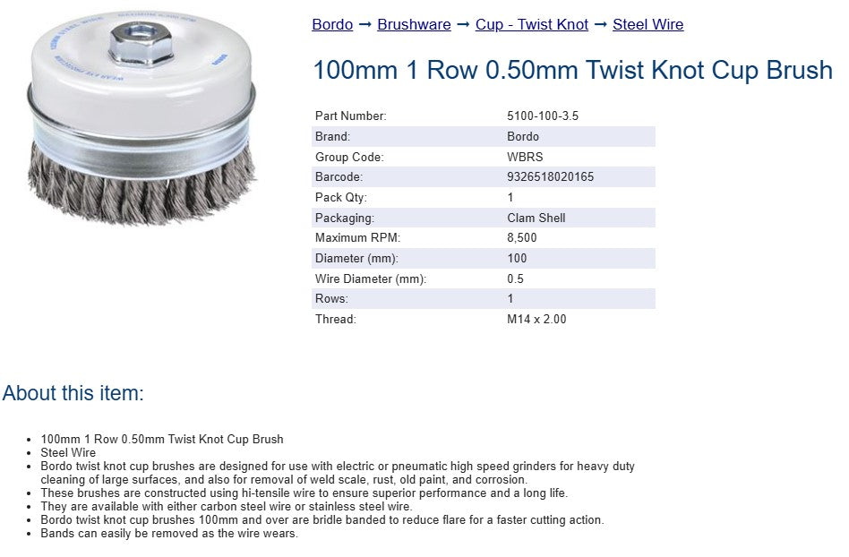 100mm 1 Row 0.50mm Twist Knot Cup Brush - Steel Wire