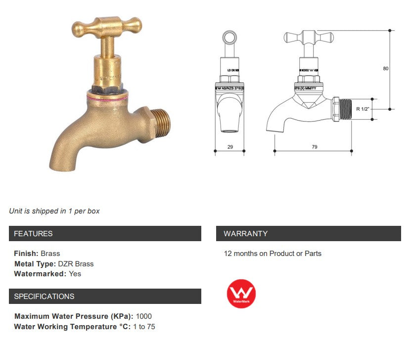 1/2" (15mm) Bib Tap MI Rough Brass Watermarked