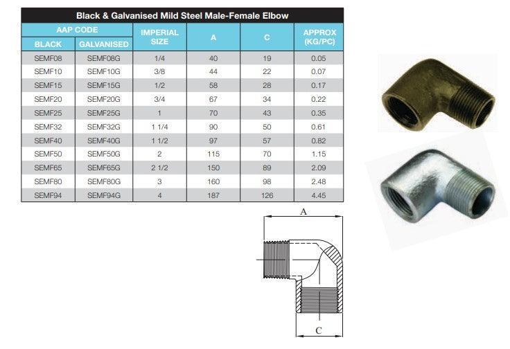 1 1/4" (32mm) Black Steel Elbow 90 Degree BSP Male x Female