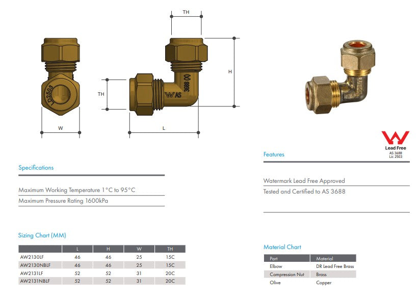 Copper Compression Brass Elbow Comp x Comp - 15C x 15C - Lead Free