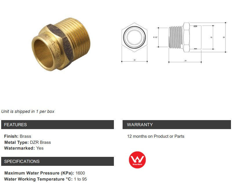 BRASS CAPILLARY CONNECTOR (NO 3) 15mm OD x 1/2" MALE BSP