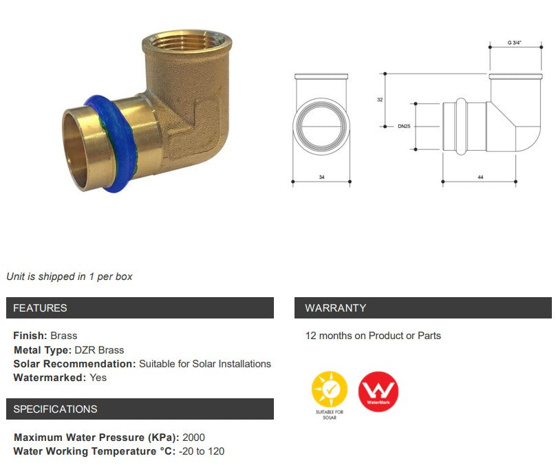 BRASS WATER FITTINGS ELBOW FEMALE REDUCING DN25 x 3/4" BSP FEMALE