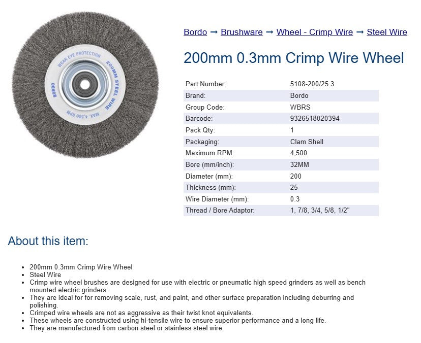 Bordo Crimp Steel Wire Wheel 200mm 0.3mm x 25mm Thickness